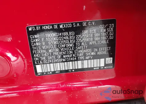 2023 Honda Hr-V Awd Sport z USA, uszkodzony, nr VIN 3CZRZ2H50PM737404